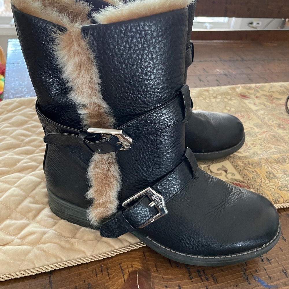 Women's sz 10 FAUX FUR LINED LEATHER BOOTS-BIKER DOUBLE BUCKLE  AIMEE KESTENBERG